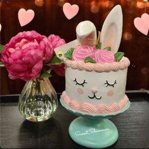 Bella Lux Easter Bunny Pedestal Cake with Roses Figure Decor New